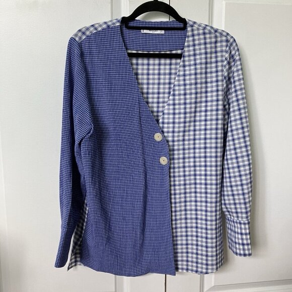 Mango Blouse Womens 4 Combined Checkered Asymmetrical Suit Top Plaid Patchwork - Picture 2 of 6